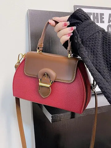 Women Vintage Colorblock Handbag PU Leather Handbag With Gold Metal Buckle Lychee Pattern Crossbody Shoulder Bag For Lady Daily