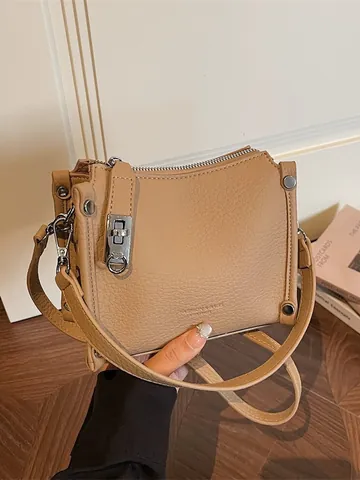 Vintage Litchi Grain Women Crossbody Bag PU Leather Small Square Shoulder Bag With Silver Lock Fashion Commuting Handbag Daily Satchel