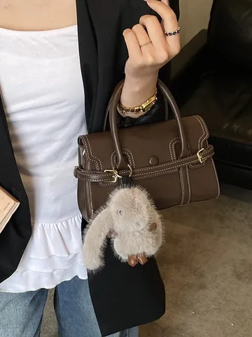 Women Vintage PU Leather Handbag Contrast Stitching Small Square Bag Shoulder Crossbody Bag With Plush Bunny Pendant