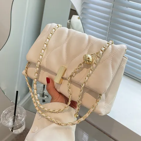 Women Wave Quilted Chain Crossbody Bag PU Leather Square Shoulder Bag With Gold Ball Metal Strap Vintage Fashion Handbag