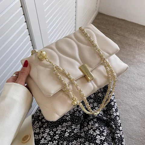 Women Wave Quilted Chain Crossbody Bag PU Leather Square Shoulder Bag With Gold Ball Metal Strap Vintage Fashion Handbag