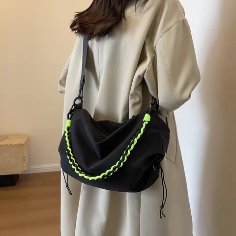 Women Nylon Dumpling Shoulder Bag Casual Hobo Crossbody Bag With Contrast Braided Rope Drawstring Large Capacity Travel Satchel