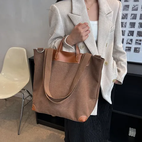 Bolso Tote de Lona Retro para Mujer Gran Capacidad Bolso de Hombro para Viajes Diarios con Ribete de Cuero Costuras en Contraste Bolso Informal