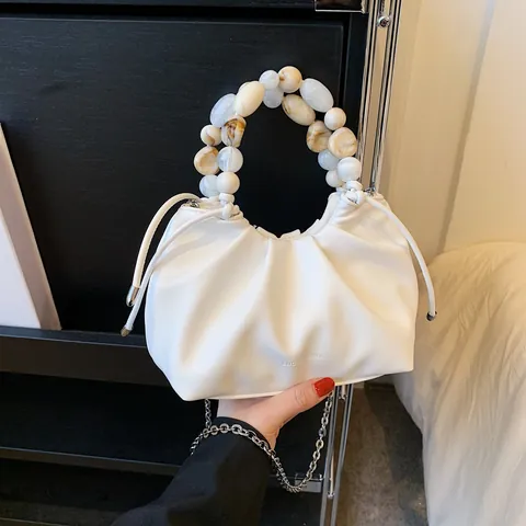Borsa a Mano Increspata in Pelle PU per Donna Con Manico a Perline Coulisse Borsa a Tracolla Catena in Metallo