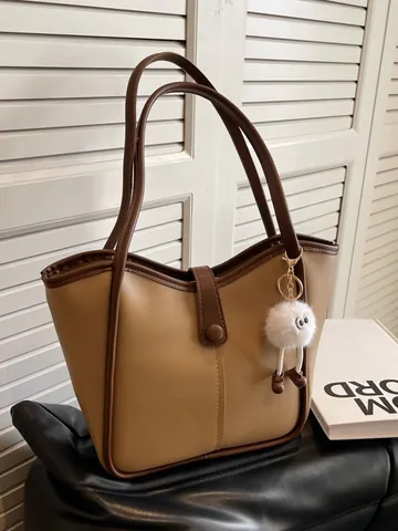 Grote Capaciteit PU Leren Tote Bag Met Pluche Monster Hanger Vintage Koreaanse Stijl Schoudertas Voor Dames