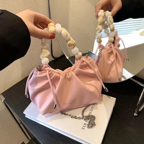 Borsa a Mano Increspata in Pelle PU per Donna Con Manico a Perline Coulisse Borsa a Tracolla Catena in Metallo