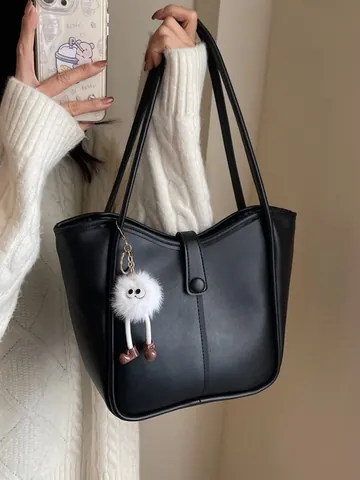 Grote Capaciteit PU Leren Tote Bag Met Pluche Monster Hanger Vintage Koreaanse Stijl Schoudertas Voor Dames