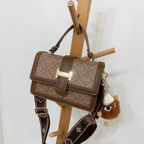 Vintage Dames Crossbodytas PU-Leer Canvas Kleine Vierkante Schoudertas Met Brede Jacquard Band En Pluche Hanger Elegante Veelzijdige Handtas