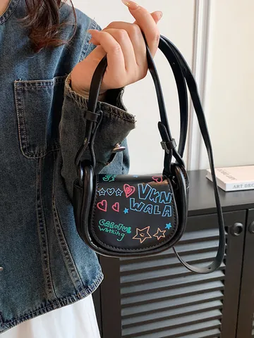 Sac Selle Mini en Cuir PU Mode Femme Street Art Graffiti Coloré Imprimé Sac en Bandoulière Sac à Main Épaule Fermeture Magnétique