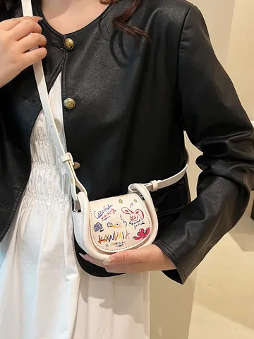 Sac Selle Mini en Cuir PU Mode Femme Street Art Graffiti Coloré Imprimé Sac en Bandoulière Sac à Main Épaule Fermeture Magnétique