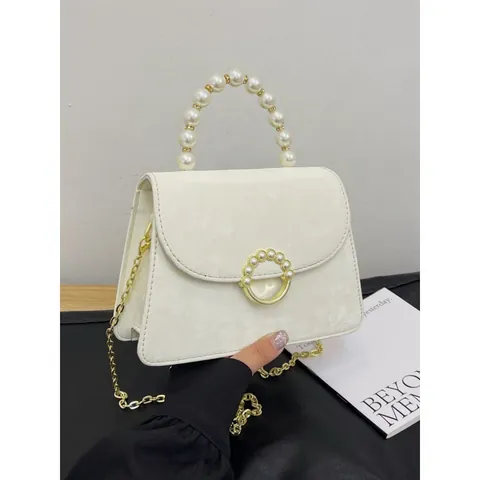 Sac Bandoulière Élégant pour Femme Avec Poignée en Perles Chaîne Dorée Cuir PU Petit Sac Carré pour le Quotidien Fête