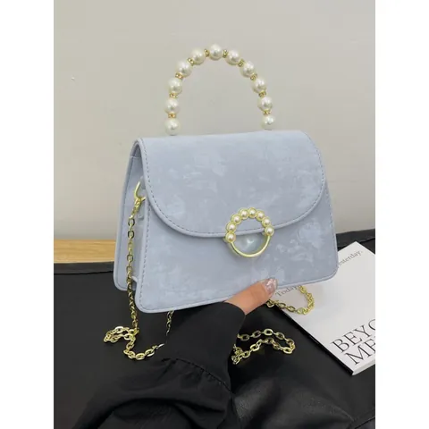 Sac Bandoulière Élégant pour Femme Avec Poignée en Perles Chaîne Dorée Cuir PU Petit Sac Carré pour le Quotidien Fête