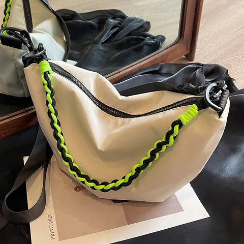 Women Nylon Crescent Crossbody Bag Neon Braided Strap Large Capacity Dumpling Hobo Shoulder Bag Casual Travel Handbag