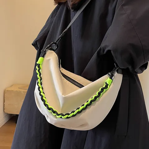 Women Nylon Crescent Crossbody Bag Neon Braided Strap Large Capacity Dumpling Hobo Shoulder Bag Casual Travel Handbag