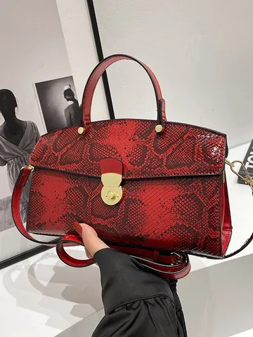 Sac à Main Vintage Motif Serpent Femme PU Cuir Sac à Épaule Bandoulière Avec Fermoir Métallique Doré Retro Fashion Tote
