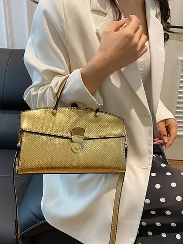 Sac à Main Vintage Motif Serpent Femme PU Cuir Sac à Épaule Bandoulière Avec Fermoir Métallique Doré Retro Fashion Tote