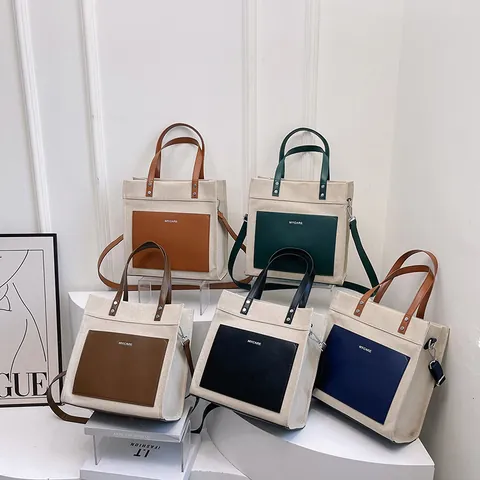 Bolso Tote de Lona y Cuero PU para Mujer Color de Contraste Gran Capacidad Bolso de Mano para Viaje MYCARE Estampado Letras