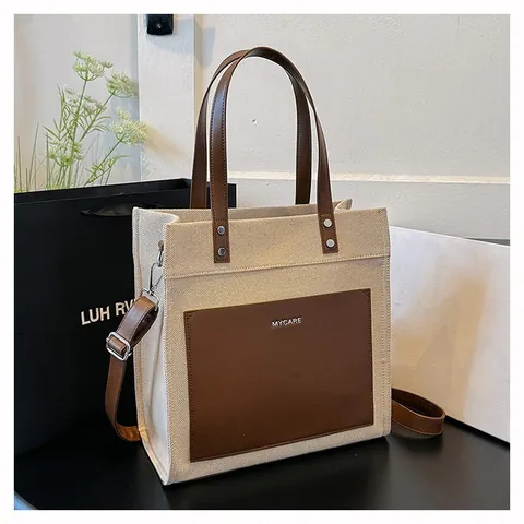 Bolso Tote de Lona y Cuero PU para Mujer Color de Contraste Gran Capacidad Bolso de Mano para Viaje MYCARE Estampado Letras