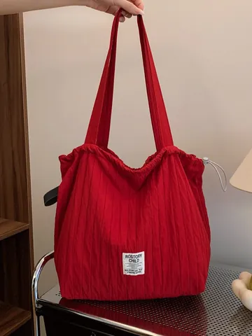 Borsa Tote in Nylon Pieghettato a Grande Capacità per Donna Borsa a Spalla Casual a Righe Con Coulisse Borsa Versatile da Pendolare