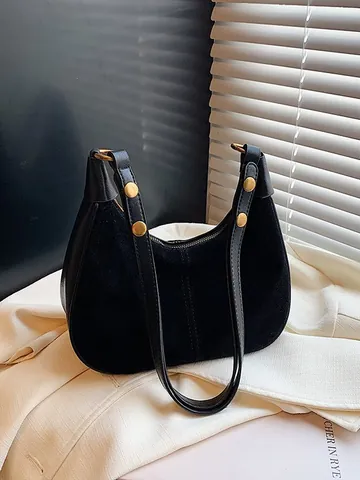 Women Retro PU Suede Patchwork Hobo Bag Large Capacity Underarm Shoulder Bag Half Moon Bag With Gold Hardware Daily Purse