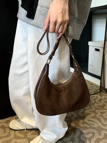 Women Retro PU Suede Patchwork Hobo Bag Large Capacity Underarm Shoulder Bag Half Moon Bag With Gold Hardware Daily Purse