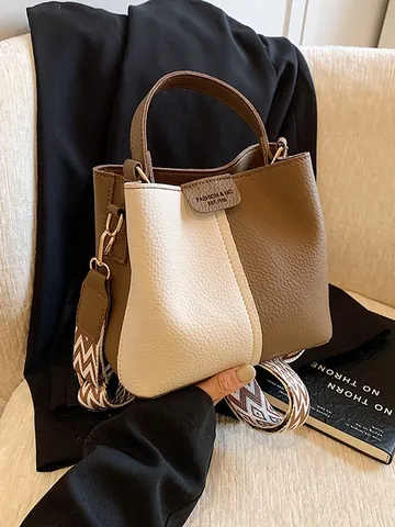 Retro Dames PU Leren Emmer Tas Litchi Korrel Kleursplitsing Ontwerp Met Geometrische Brede Schouderband Dagelijkse Crossbody Handtas