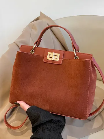 Sac à Main Trapèze Vintage en Daim et Cuir pour Femme Grande Capacité Sac à Bandoulière Avec Fermeture en Or Bandoulière Réglable