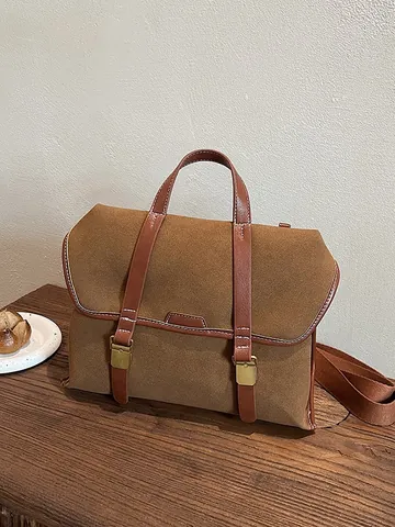 Women's Vintage Frosted PU Leather Backpack Large Capacity Academic Briefcase Handheld Messenger Bag Gold Buckle Daily Bag