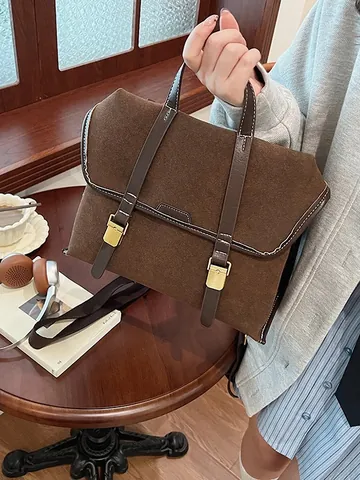 Women's Vintage Frosted PU Leather Backpack Large Capacity Academic Briefcase Handheld Messenger Bag Gold Buckle Daily Bag
