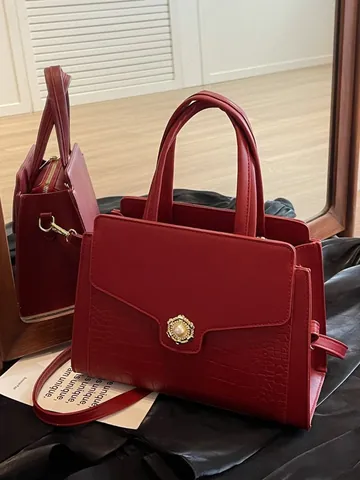 Borsa Tote da Donna Vintage in Pelle PU Motivo Coccodrillo Serratura in Metallo con Perla Artificial Borsa a Mano Tracolla Grande Capacità