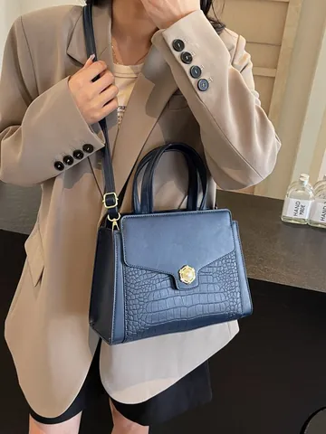 Borsa Tote da Donna Vintage in Pelle PU Motivo Coccodrillo Serratura in Metallo con Perla Artificial Borsa a Mano Tracolla Grande Capacità