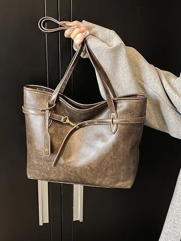 Vintage Large Capacity Tote Bag For Women PU Leather Solid Color Shoulder Bag Fashion Commute Tote Bag Minimalist Handbag