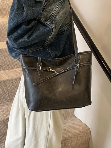 Vintage Large Capacity Tote Bag For Women PU Leather Solid Color Shoulder Bag Fashion Commute Tote Bag Minimalist Handbag