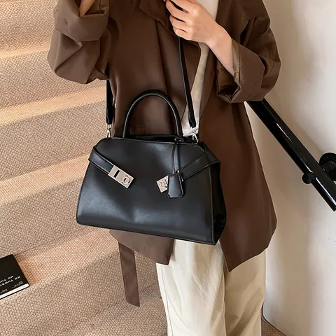 Borsa Tote da Donna Minimalista Grande Capacità in PU Pelle Smerigliata Borsa a Tracolla Con Serratura Argento Borsa da Lavoro