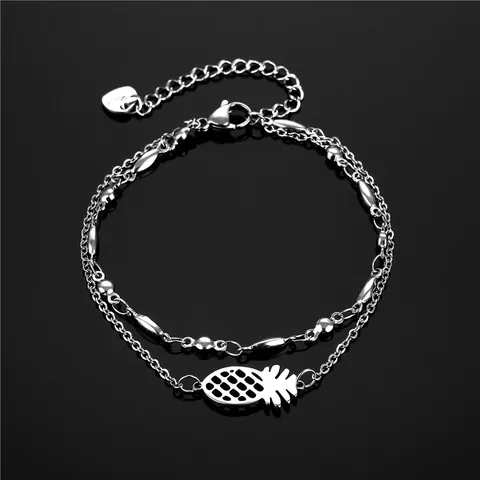 Bracelet Double Couche en Acier Inoxydable pour Femme Pendentif Ananas Creux Mode Simple Bijoux Fruits Chaîne à Maillons Réglable Cadeau