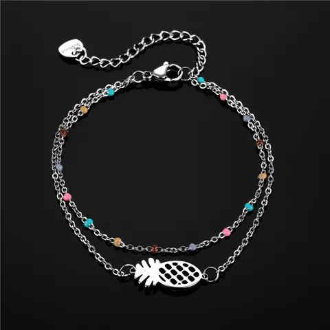 Bracelet Double Couche en Acier Inoxydable pour Femme Pendentif Ananas Creux Mode Simple Bijoux Fruits Chaîne à Maillons Réglable Cadeau