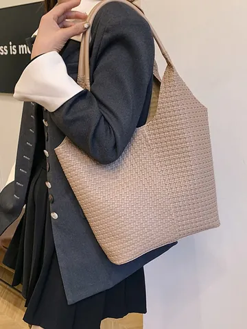 Bolso Tote de Cuero PU Tejido Minimalista para Mujer Bolso de Hombro de Alta Capacidad Bolso de Mano Retro Color Sólido Trabajo