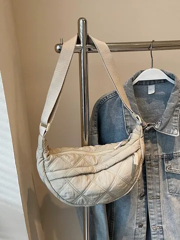 Gewatteerde Ruitjespatroon Halve Maan Crossbodytas Voor Dames Lichtgewicht Schoudertas Met Verstelbare Riem Casual Tas