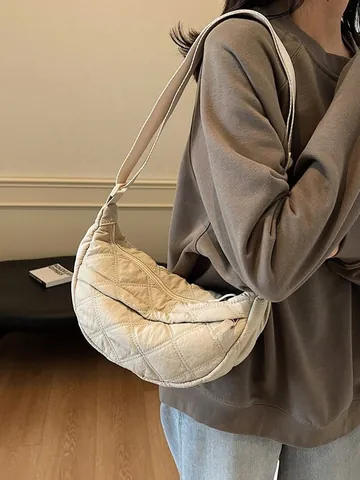 Gewatteerde Ruitjespatroon Halve Maan Crossbodytas Voor Dames Lichtgewicht Schoudertas Met Verstelbare Riem Casual Tas