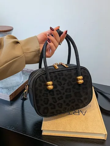 Mini Borsa a Mano con Stampa Leopardata Vintage da Donna in Pelle PU Borsa a Tracolla con Hardware Oro Decorativa Moda Borsa Quadrata