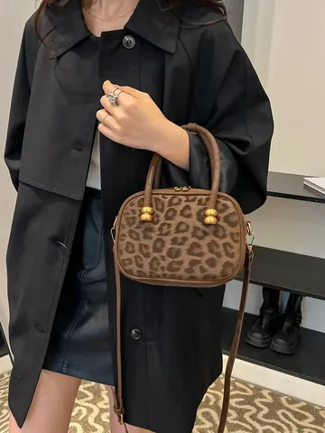 Mini Borsa a Mano con Stampa Leopardata Vintage da Donna in Pelle PU Borsa a Tracolla con Hardware Oro Decorativa Moda Borsa Quadrata