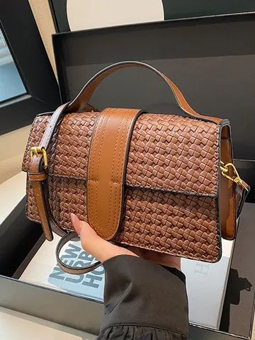 Damen Vintage Geflochtene PU Leder Kleine Quadratische Tasche Mode Elegante Handtasche Schulter Umhängetasche Mit Metallschnalle Für Party