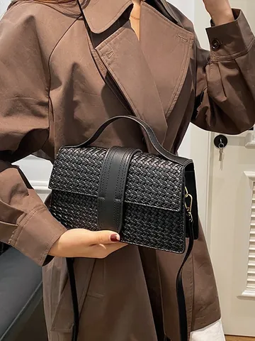 Damen Vintage Geflochtene PU Leder Kleine Quadratische Tasche Mode Elegante Handtasche Schulter Umhängetasche Mit Metallschnalle Für Party
