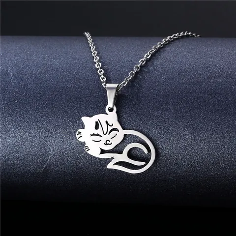 Simple 304 Stainless Steel Cat Pendant Necklace For Women Cute Hollow Kitten Jewelry Gift Polished Silver Tone Accessory