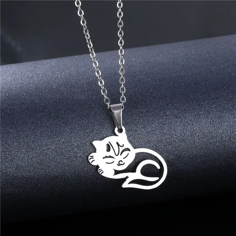 Simple 304 Stainless Steel Cat Pendant Necklace For Women Cute Hollow Kitten Jewelry Gift Polished Silver Tone Accessory
