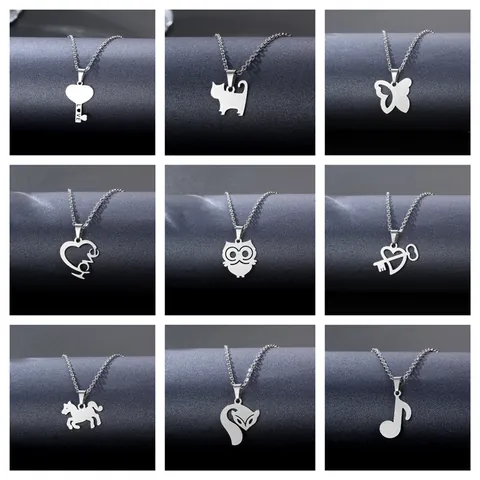 Collana con Ciondolo in Acciaio Inossidabile 304 per Donna Cuore Gatto Farfalla Gufo Nota Musicale Gioielli Hip Hop