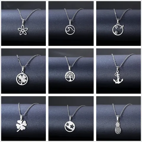 Collana con Pendente in Acciaio Inossidabile 304 Moderna per Donna Gioielli Geometrici Cavi Fiore Cuore Stella Luna Ancora Croce Nota Musicale