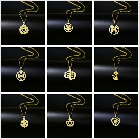 Collana con Pendente in Acciaio Inossidabile 304 Placcato Oro 18K per Donna Fiocco di Neve Quadrifoglio Gatto Cuore Animale Geometrica Gioielli