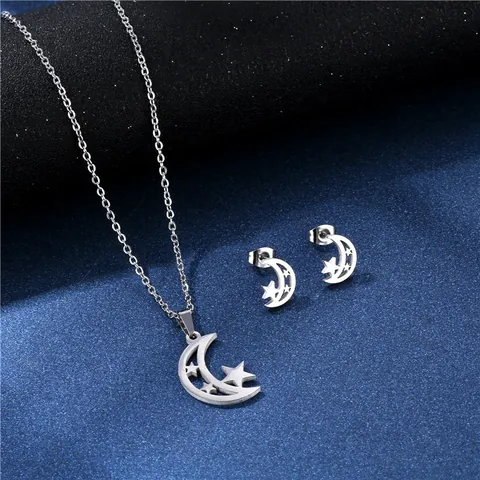 Minimalist 304 Stainless Steel Star Moon Jewelry Set For Women Hollow Crescent Moon Star Pendant Necklace And Matching Stud Earrings Set