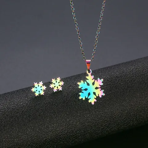 Iridescent Stainless Steel Snowflake Necklace And Stud Earrings For Women Rainbow Gradient Korean Fashion Jewelry Gift